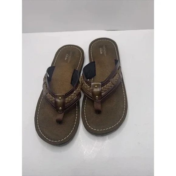 CLARK'S COLLECTION WOMEN'S 7 BROWN LEATHER THONG FLIP FLOP SANDALS, - Picture 2 of 6